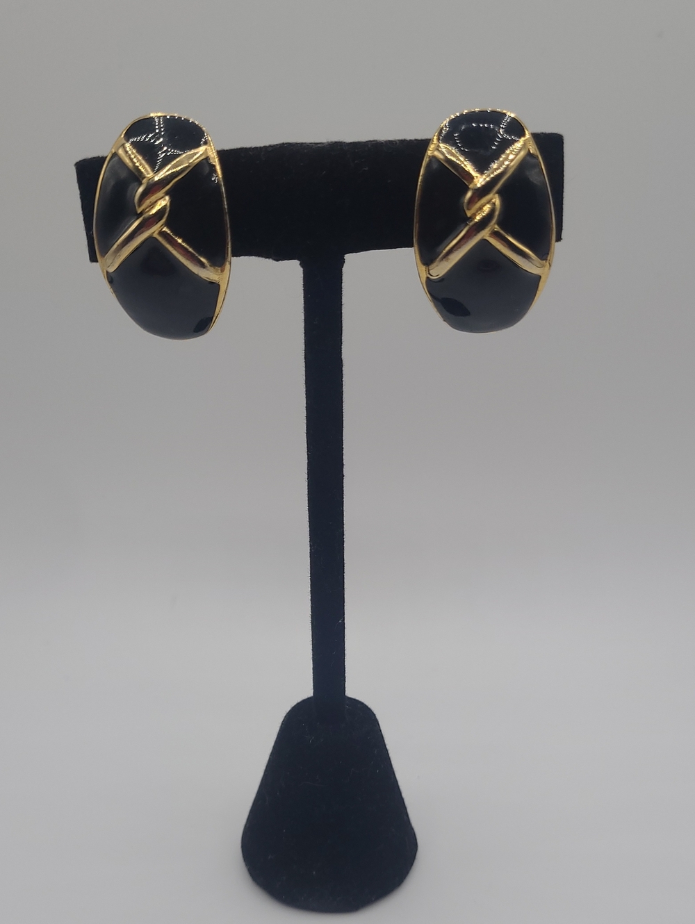 Gold-Tone Black Enamel Knot Clip-On Earrings